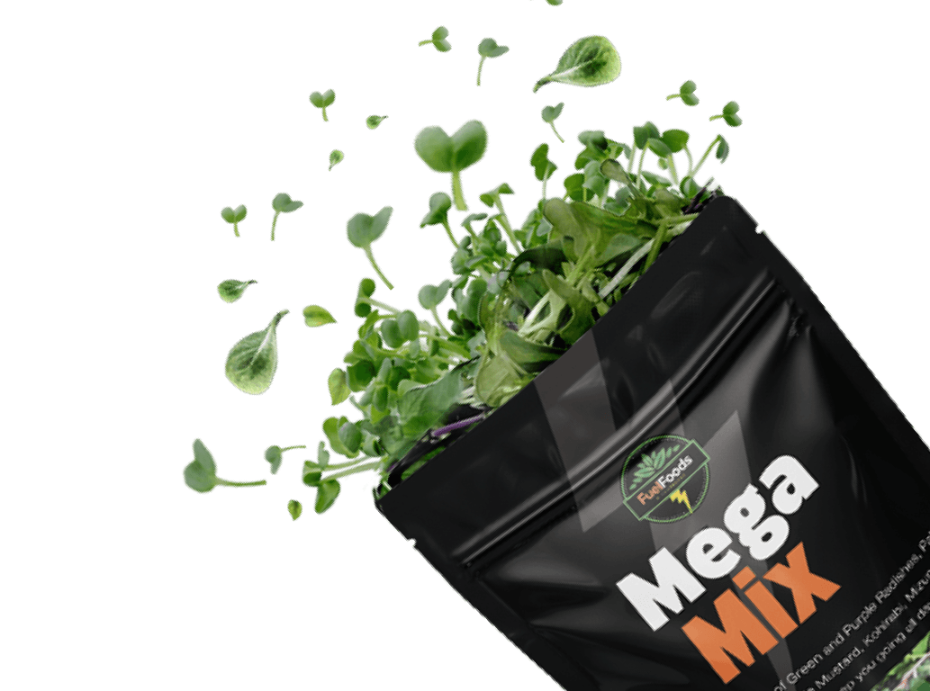 Mega Mix pouch torn open with fresh microgreens spilling out