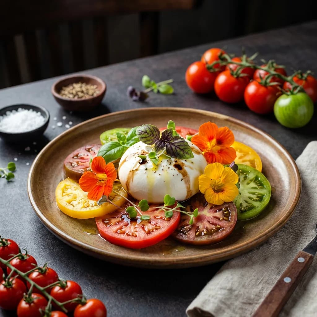 Burrata and tomatoes finished with colorful microgreens