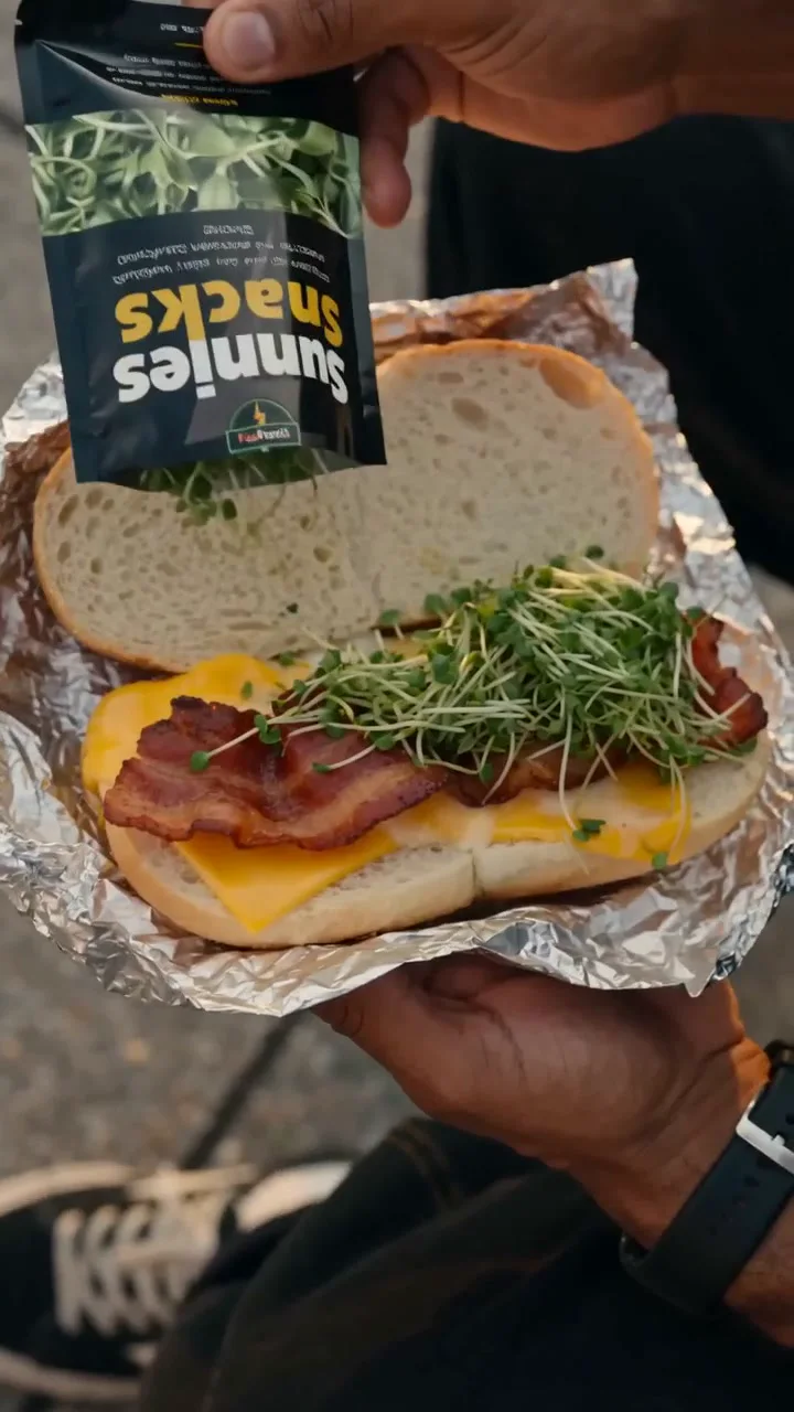 Sunnies microgreens being added to a breakfast sandwich