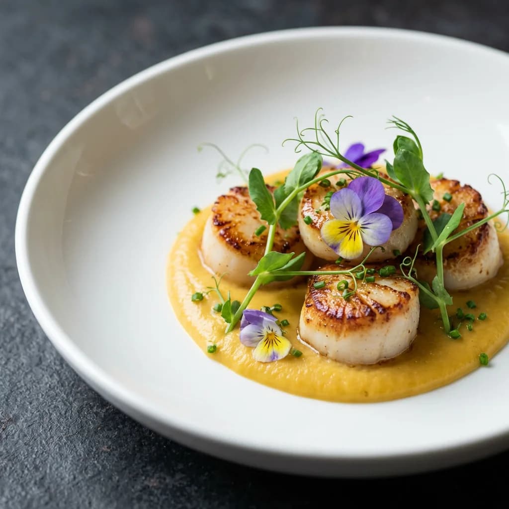 A finished plate of scallops topped with microgreens